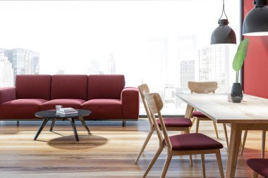 Kırmızı duvarlar, ahşap zemin, yuvarlak sehpa ve ahşap yemek masası kırmızı ve ahşap sandalye ile yakın duran kırmızı koltuk ile panoramik salon iç. 3D render
