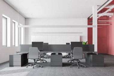 Beyaz ve pembe duvarlar, halı kaplı zemin, beyaz sütun ile şık ofis iç, gri Bilgisayar masaları gri sandalye ve dolap ile duvara yakın. 3D render