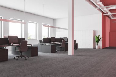 Beyaz ve pembe duvarlar, bir sütun, halı kaplı zemin ve sandalye ile gri bilgisayar tabloları satırları ile Ofis İşyeri köşe. 3D render