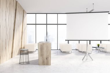 Ofis bekleme odası ile ahşap duvarlar, taş zemine, yan görünüm ahşap resepsiyon masası ve beyaz koltuklar pencerenin yakınındaki. Yatay poster. 3D render alay