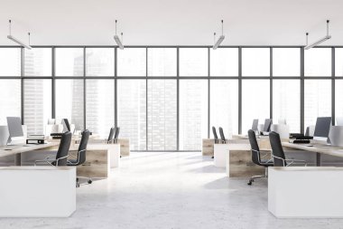 Modern ofis panoramik pencerelere, taş zemine ve siyah sandalye ile ahşap ve beyaz bilgisayar tabloları satırları iç. 3D render