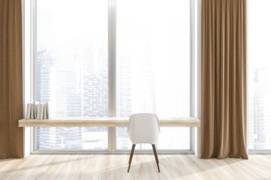 Minimalist ev ofis panoramik pencerelere, ahşap zemin ile iç dar ahşap masa ve beyaz sandalye. Bej renkli perdeler. 3D render