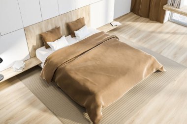 Üstten görünüm yatak beyaz duvarlar, ahşap zemin, gri halı ve yatak beyaz ve ahşap bej battaniye ile. 3D render