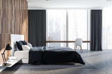 Yatak odası beyaz duvarlar, beton zemin, gri halı ve pencerenin yakınındaki dar ahşap masa üzerinde duran beyaz ve Ahşap karyola ile iç. 3D render