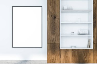 Beyaz ve ahşap mutfak dolabı ayakta beyaz duvarlar, beton zemin ve büyük dikey poster ile odada. 3D render alay