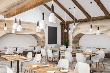 Beyaz duvarları, ahşap zemin, beyaz koltukları, orijinal ahşap kanepeler ve köşedeki yazı tahtası ahşap masa ile modern restoran köşesinde. 3D render