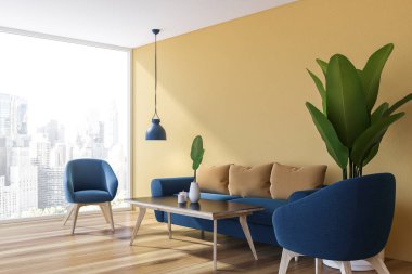 Panoramik salon sarı duvarlar, mavi ve bej kanepe ve siyah sehpa duran iki mavi koltuk köşesinde. 3D render