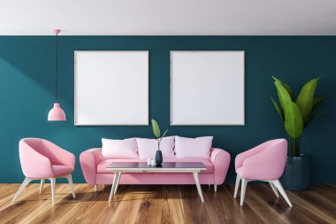 Modern oturma odası mavi duvarlar, ahşap zemin, pembe kanepe ve siyah sehpa üstündeki iki kare posterler ile yakın duran iki pembe koltuklar ile iç. 3D render alay