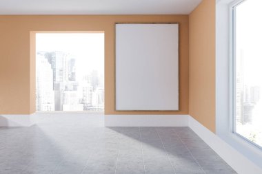 İç turuncu duvarlar, kiremitli kat, cityscape ve duvardaki büyük dikey poster ile büyük pencereler ile boş odası. 3D render alay