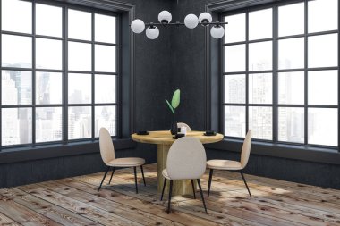 O ve iki büyük pencereler çevresinde duran bej ve siyah sandalye ile ahşap masa yuvarlak köşe Gri duvarlar, ahşap zemin ile modern yemek odası. 3D render