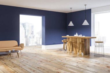 Mavi ve beyaz duvarlar, ahşap zemin, geniş pencereler ve ahşap bar tabureleri ile minimalist mutfak köşesinde. Kanepe ve bir sehpa. 3D render