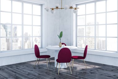 Modern yemek odası beyaz duvarlar, ahşap zemin ile köşesinde yuvarlak beyaz masa ve iki büyük pencereler duran kırmızı ve altın sandalye ile. 3D render