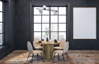 Gri duvarlar, ahşap zemin ile modern yemek odası iç yuvarlak ahşap masa ve iki büyük pencereler duran bej ve siyah sandalye ile. Dikey poster. 3D render alay