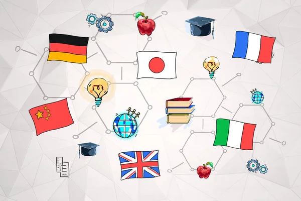 カラフルな国際教育スケッチと幾何学模様の白い壁面に描かれた国旗 グローバル化した世界の概念 — ストック写真