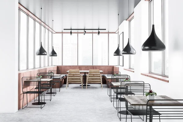 Interieur Des Modernen Restaurants Mit Weißen Und Hölzernen Wänden Wabenboden — Stockfoto