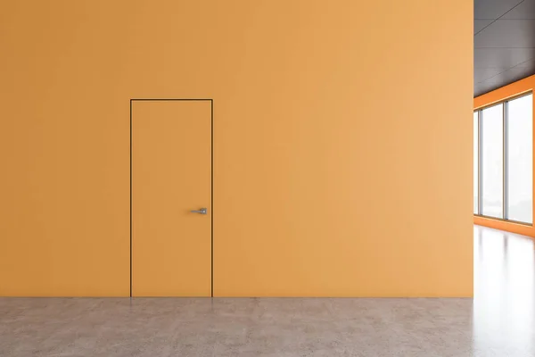 Empty Office Lobby Interior Orange Wall Door Concrete Floor Black — Stock Photo, Image