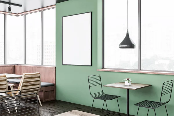 Esquina Cafetería Moderna Con Paredes Verdes Madera Suelo Madera Mesas — Foto de Stock
