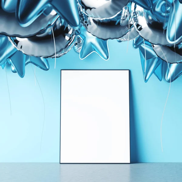 Vertical Branco Simular Cartaz Com Moldura Preta Chão Quarto Azul — Fotografia de Stock