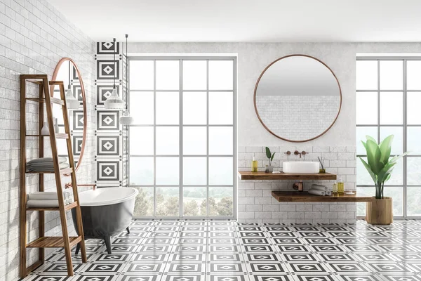 Side View Modern Bathroom Brick Walls Tiled Floor Black Bathtub — Stock Photo, Image