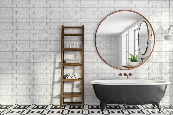 Minimalistické Koupelny Interiér Cihlovými Zdmi Dlažba Černá Vana Kulaté Zrcadlo — Stock fotografie