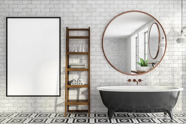 Minimalistic bathroom interior with brick walls, tiled floor, black bathtub with round mirror hanging above it and wooden shelves for towels to the left. Vertical poster. 3d rendering mock up