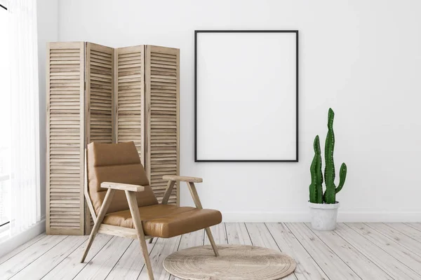 Interieur Van Minimalistische Woonkamer Met Witte Muren Witte Houten Vloer — Stockfoto