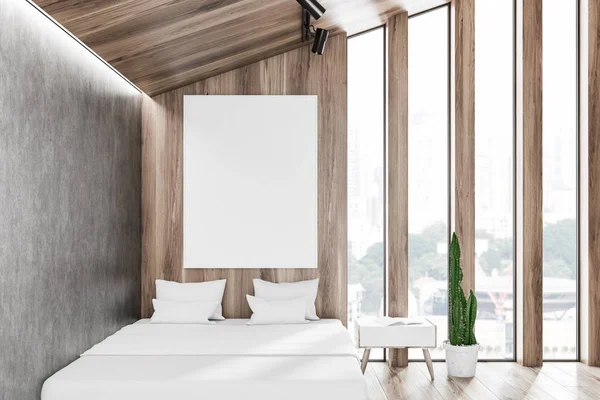 Interior of attic bedroom with light wooden and concrete walls, wooden floor, white master bed with vertical poster above it and bedside table. 3d rendering mock up