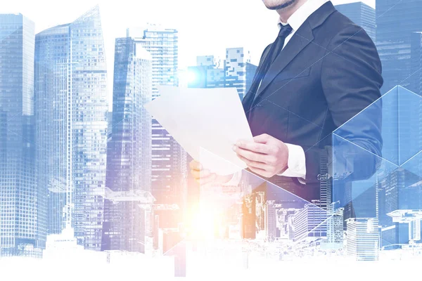 Unrecognizable Bearded Businessman Looking Documents Standing Cityscape Background Toned Image — Stock Photo, Image