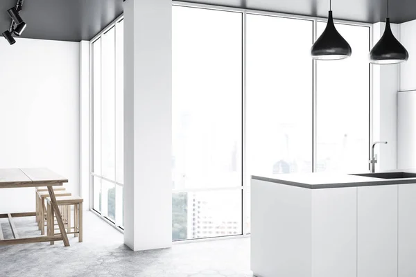 Innenraum Der Panoramaküche Mit Weißen Wänden Betonboden Weißer Und Grauer — Stockfoto