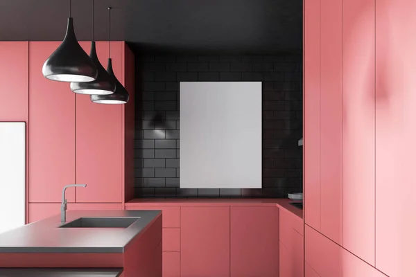 Interior Modern Kitchen Black Brick Walls Pink Countertops Cupboards Pink — Stock Photo, Image