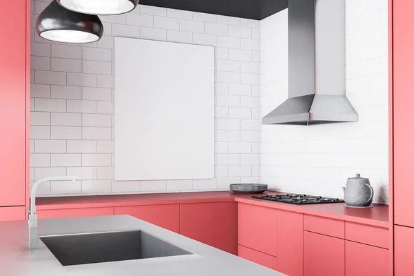 Innenraum Der Modernen Küche Mit Weißen Ziegelwänden Rosa Arbeitsplatten Und — Stockfoto