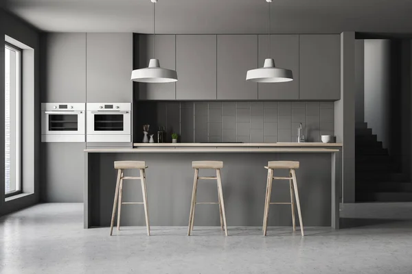 Interior Modern Kitchen Gray Walls Concrete Floor Gray Countertops Cupboards — Stock Photo, Image