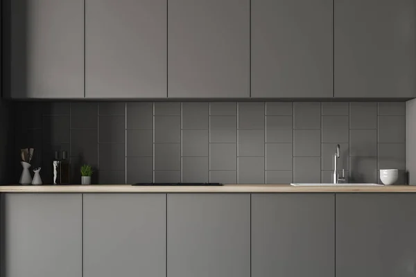 Innenraum Der Modernen Küche Mit Grau Gefliesten Wänden Grauen Und — Stockfoto