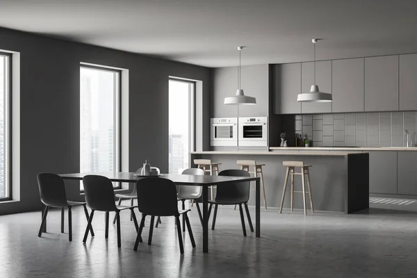 Corner Modern Kitchen Gray Walls Concrete Floor Gray Countertops Gray — Stock Photo, Image