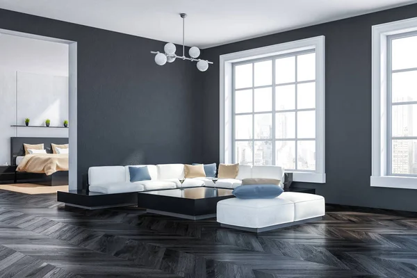 Corner Living Room Gray Walls Dark Wooden Floor Big Windows — Stock Photo, Image