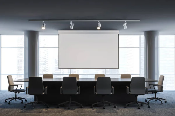 Interior Modern Conference Room Panoramic Windows Columns Long Black Table — Stock Photo, Image