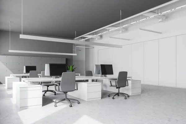 Moderner Büroarbeitsplatz Mit Weißen Und Grauen Wänden Steinboden Reihen Weißer — Stockfoto