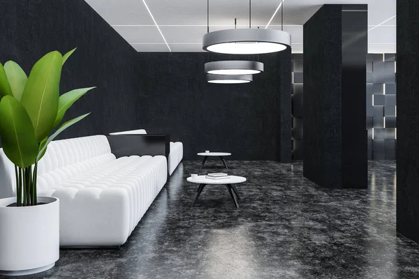 黒い壁 コンクリートの床 つの長い白いソファが円形のコーヒー テーブルの近くに立ってオフィス ラウンジのインテリア レンダリング — ストック写真