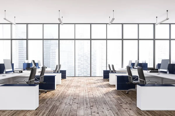 Interior Modern Office Panoramic Windows Wooden Floor Rows Blue White — Stock Photo, Image