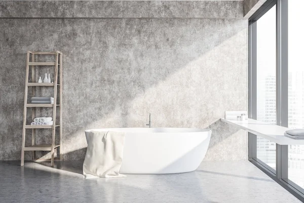 Interior Stylish Bathroom Concrete Walls Floor Large Window Shelf White — Stock Photo, Image