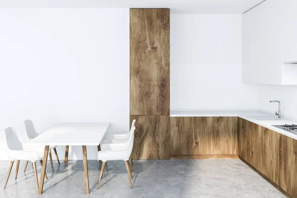 Interieur Van Moderne Keuken Met Stenen Vloer Witte Kasten Witte — Stockfoto