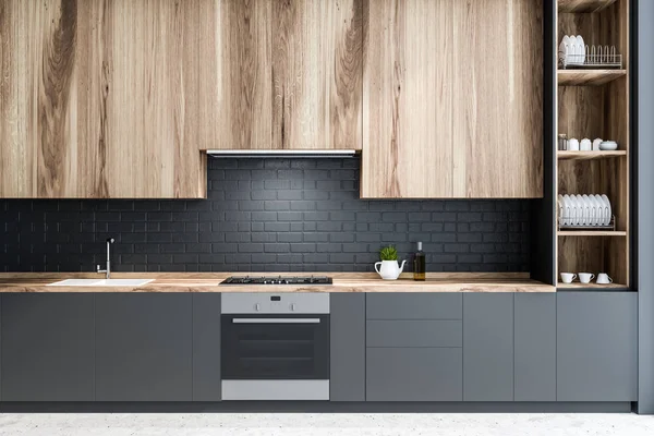 Minimalistisches Kücheninterieur Mit Schwarzen Ziegelwänden Steinboden Grauen Und Hölzernen Arbeitsplatten — Stockfoto