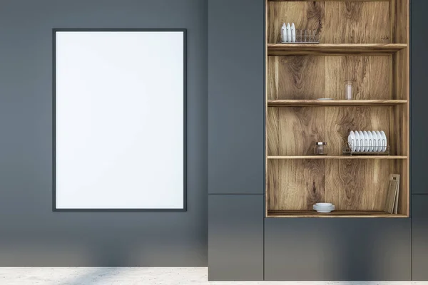 灰色の壁 コンクリートの床 大きな垂直のポスター部屋にグレーと木製キッチン食器棚立って レンダリングをモックアップします — ストック写真