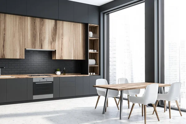 Intérieur Cuisine Loft Avec Murs Briques Grises Noires Comptoirs Gris — Photo