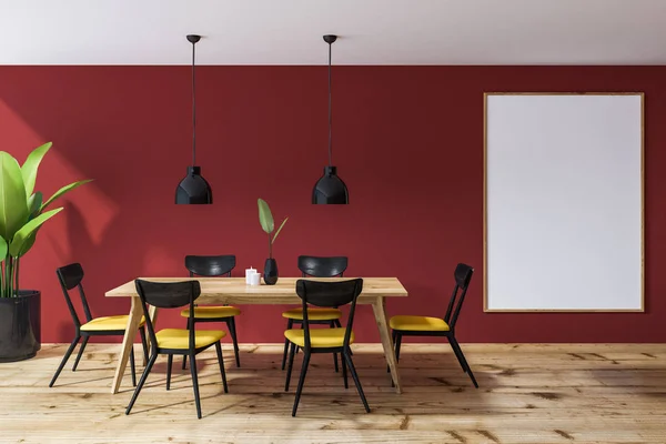 Modern Dining Room Interior Red Walls Wooden Floor Wooden Table — Stock Photo, Image