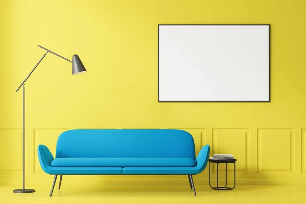 Interior of minimalistic living room with yellow walls and floor, long blue sofa with little table with books near it, stylish floor lamp and horizontal poster. 3d rendering mock up