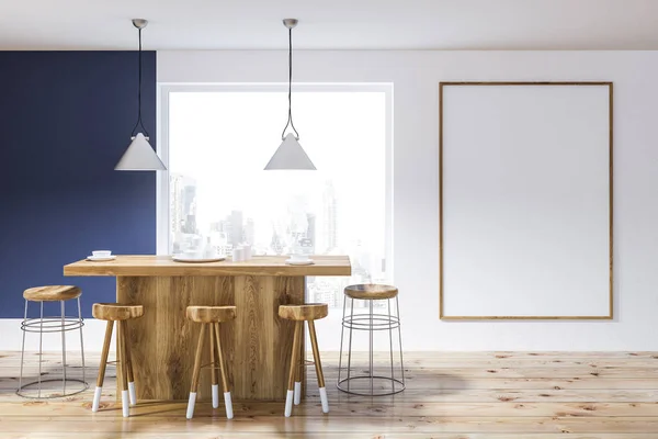 Interior Cozinha Minimalista Com Paredes Azuis Brancas Piso Madeira Grande — Fotografia de Stock