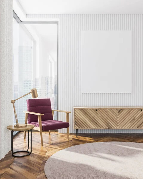 Interieur Van Moderne Woonkamer Met Houten Vloer Witte Muren Rood — Stockfoto