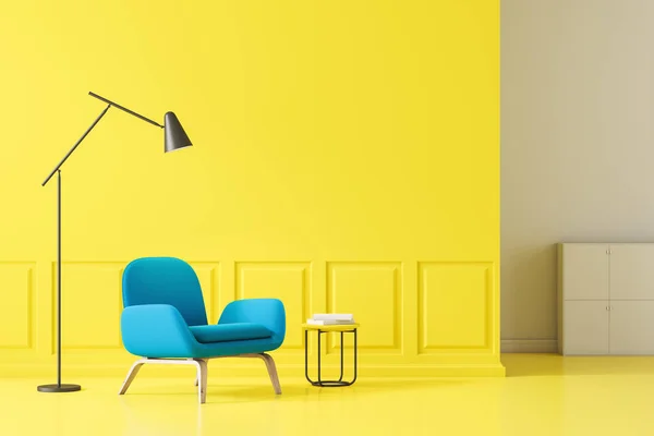 Minimalistisches Wohnzimmerinterieur Mit Gelben Wänden Und Boden Und Blauem Sessel — Stockfoto