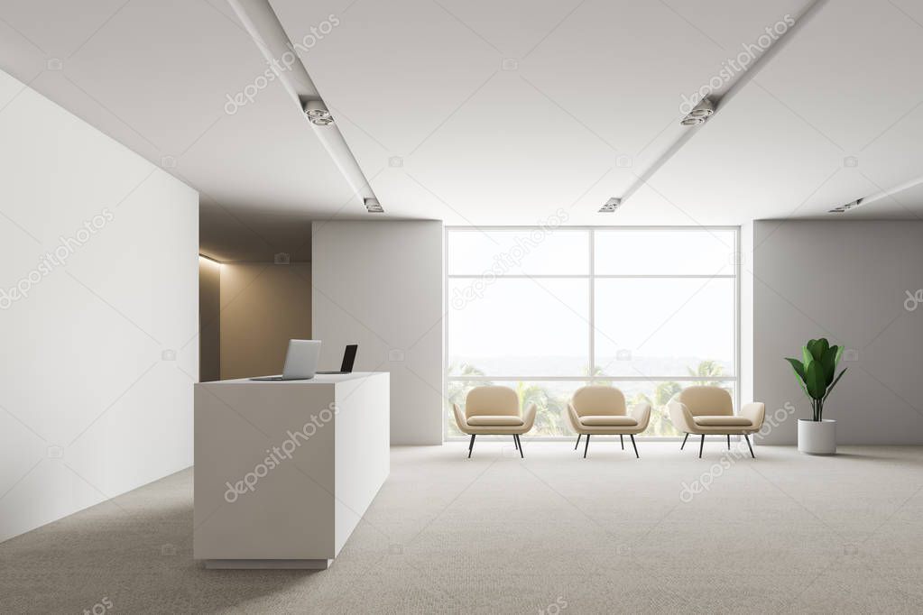 Side view of office waiting room with white walls, carpet on the floor, white reception desk and row of white armchairs near the window. 3d rendering